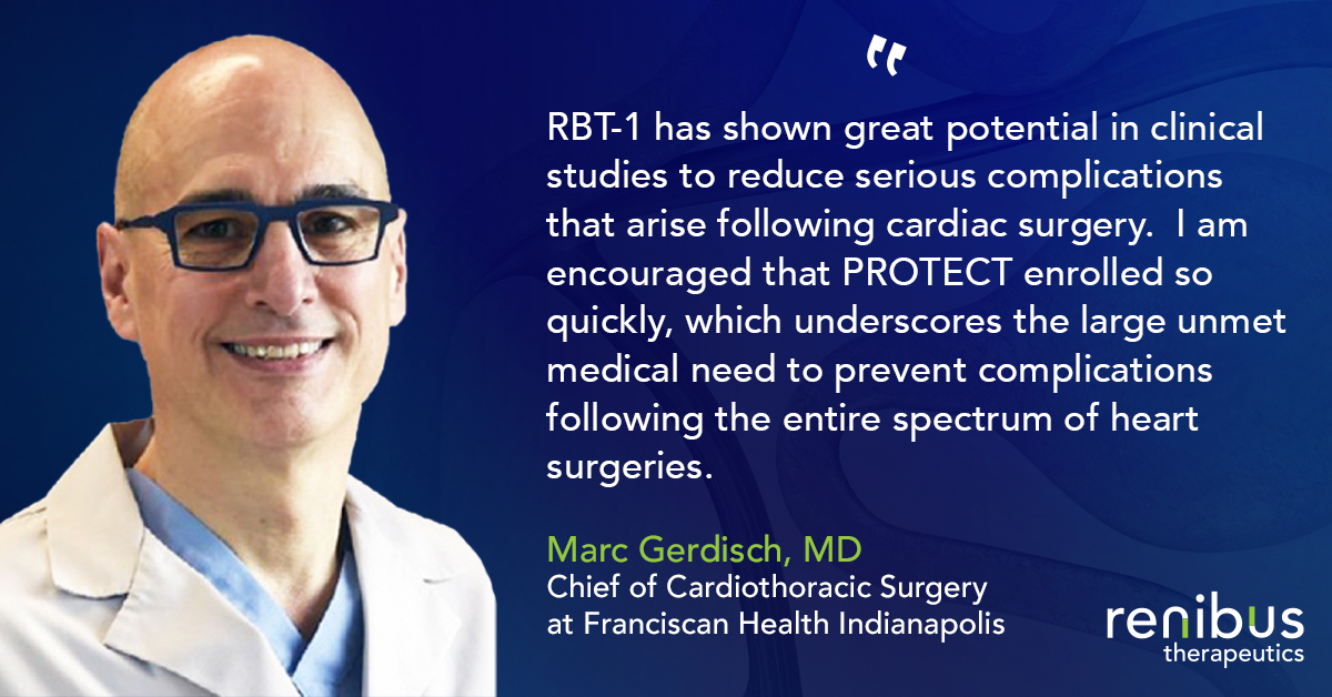 PROTECT, a pivotal Phase 3 trial evaluating the effect of RBT-1 on reducing the risk of post-operative complications in patients undergoing cardiac surgery, enrolled 423 patients across 40 trial sites in the United States and Canada. Topline results from the study are anticipated
