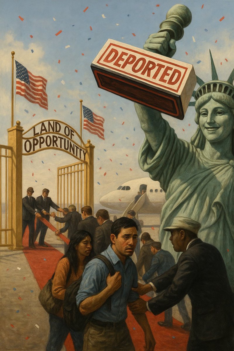 Clownscoin's tweet photo. “America: where they welcome you with freedom dreams, make you work, pay taxes, and then one day—bam! Express deportation. No warning, no justice, just the full show. #SelectiveFreedom #AmericanDreamBeta #VIPDeportation” https://t.co/Njzl59GEfg