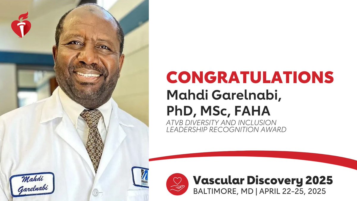 AHA Science (@ahascience) on Twitter photo We’re proud to honor Dr. Mahdi Garelnabi for his leadership in promoting diversity and inclusion. Congratulations <a href="/MahdiGarelnabi/">Mahdi Garelnabi</a>! #VascularDiscovery25 We’re proud to honor Dr. Mahdi Garelnabi for his leadership in promoting diversity and inclusion. Congratulations <a href="/MahdiGarelnabi/">Mahdi Garelnabi</a>! #VascularDiscovery25