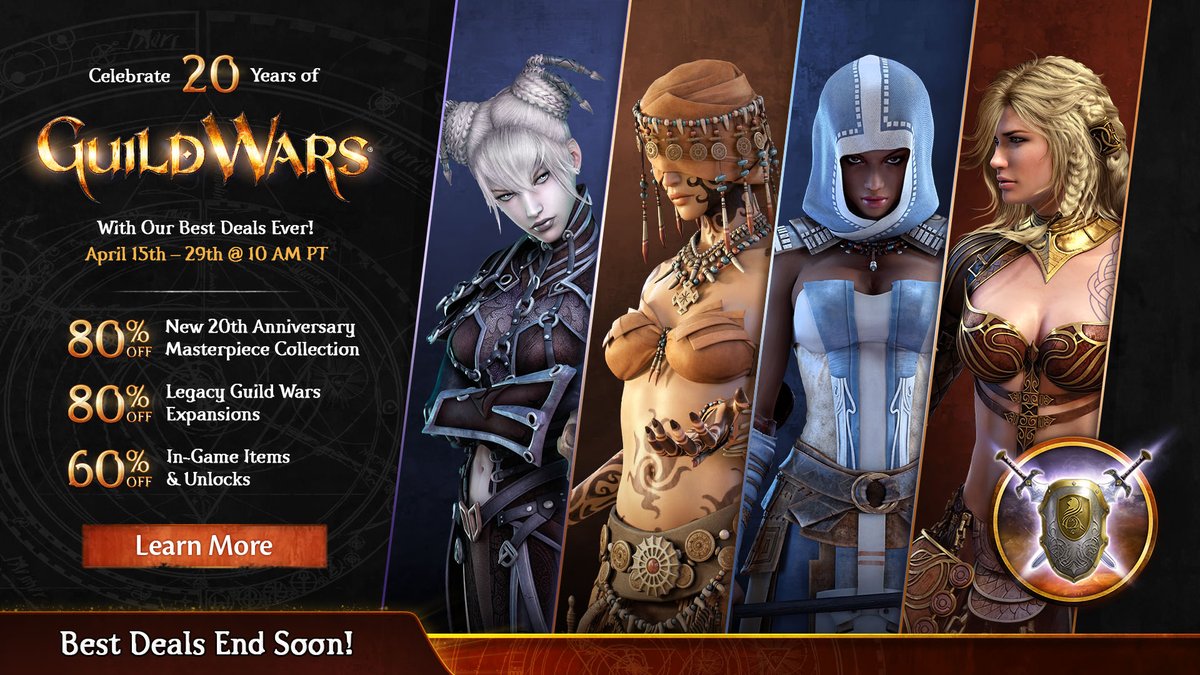 Get the new #GuildWars 20th Anniversary Masterpiece Collection, and all original GW expansions for 80% off from now until 04/29 - our best deal ever! guildwars2.com/en/news/celebr…