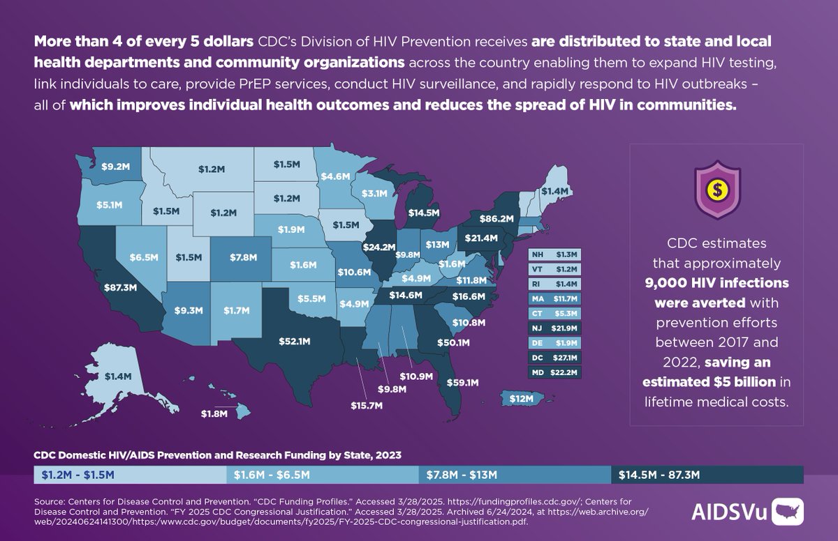 💸 Did you know? Discretionary funding supports HIV research, education, and services across the country.   

See how these dollars are distributed in our latest infographic: aidsvu.org/resources/deep…   

#HIVFunding #HIVAwareness #AIDSVu