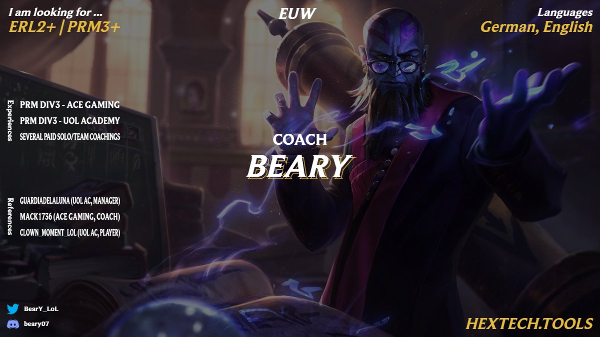 COACH LFT - <a href="/lft_prm/">LFT PRM</a> 

While still in talks with UOL Academy, I am exploring options for the upcoming split (or the one after that)!👀

Discord: beary07
Website: bearycoaching.wixsite.com/beary

Retweet appreciated♥️