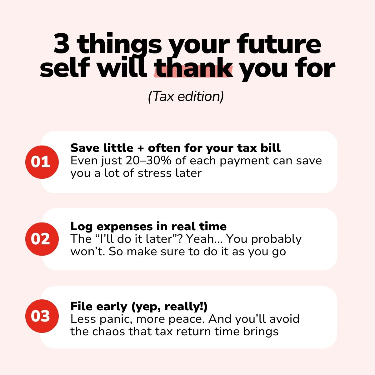 Today’s ✨Financial Glow Up✨ reminder: tax habits don’t have to be big to make a difference.

Here are 3 little things you can do that your future self (and your accountant 👀) will seriously thank you for...

Small moves now = less stress later 🙌