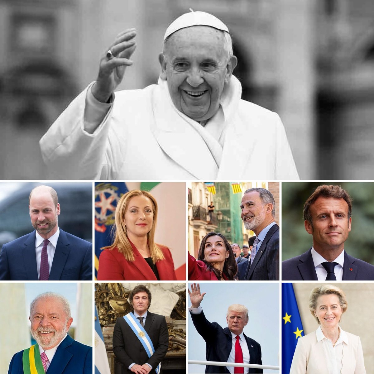 CerfiaFR's tweet photo. 🇻🇦✝️ Voici la liste (non exhaustive) des personnalités du monde présentes aux obsèques du pape François samedi :

Emmanuel Macron, président 🇫🇷
Bruno Retailleau, ministre de l’Intérieur 🇫🇷
Donald Trump, président 🇺🇸
Vollodymyr Zelensky, président 🇺🇦 
William, Prince de Galles  🇬🇧
Keir Starmer, Premier ministre 🇬🇧
Giorgia Meloni, Première ministre 🇮🇹
Olaf Scholz, chancelier 🇩🇪
Frank-Walter Steinmeier, président 🇩🇪
Ursula Von der Leyen, présidente de la Commission européenne 🇪🇺
Javier Milei, président 🇦🇷
Gitanas Nauseda, président 🇱🇹
Edgars Rinkevics, président 🇱🇻
Alar Karis, président 🇪🇪
Dick Schoof, Premier ministre 🇳🇱
Andrzej Duda, président 🇵🇱
Luiz Inácio Lula da Silva, president 🇧🇷
Marcelo Rebelo De Sousa, président 🇵🇹
Luis Montenegro, Premier ministre 🇵🇹
Felipe VI et Letizia, roi et reine 🇪🇸
Philippe et Mathilde, roi et reine 🇧🇪
Bart De Wever, Premier ministre 🇧🇪
Henri et Maria Teresa, roi et reine 🇱🇺
Carl XVI Gustaf et Silvia, roi et reine 🇸🇪
Mary, reine 🇩🇰
Micheal D. Higgins, président 🇮🇪
Micheál Martin, Premier ministre 🇮🇪
Zoran Milanovic, président 🇭🇷
Andrej Plenkovic, Premier ministre ���🇷
Gordana Siljanovska-Davkova, présidente 🇲🇰
Kyriakos Mitsotakis, Premier ministre 🇬🇷
Rossen Jeliazkov, Premier ministre 🇧🇬
Haakon et Mette-Marit, couple héritier 🇳🇴
Alexander Stubb, président 🇫🇮
Prince Albert II et Charlène de 🇲🇨
Tamás Sulyok, président 🇭🇺
Peter Pellegrini, président 🇸🇰
Nataša Pirc Musar, président 🇸🇮
Robert Golob, Premier ministre 🇸🇮
Ilie Bolojan, président par intérim 🇷🇴
Petr Fiala, Premier ministre 🇨🇿
Christian Stocker, chancelier 🇦🇹
Maia Sandu, présidente 🇲🇩
Vjosa Osmani, présidente 🇽🇰
Antonio Guterres, secrétaire général 🇺🇳
Yaron Sideman, ambassadeur 🇮🇱 au Vatican
José Maria Neves, président 🇨🇻