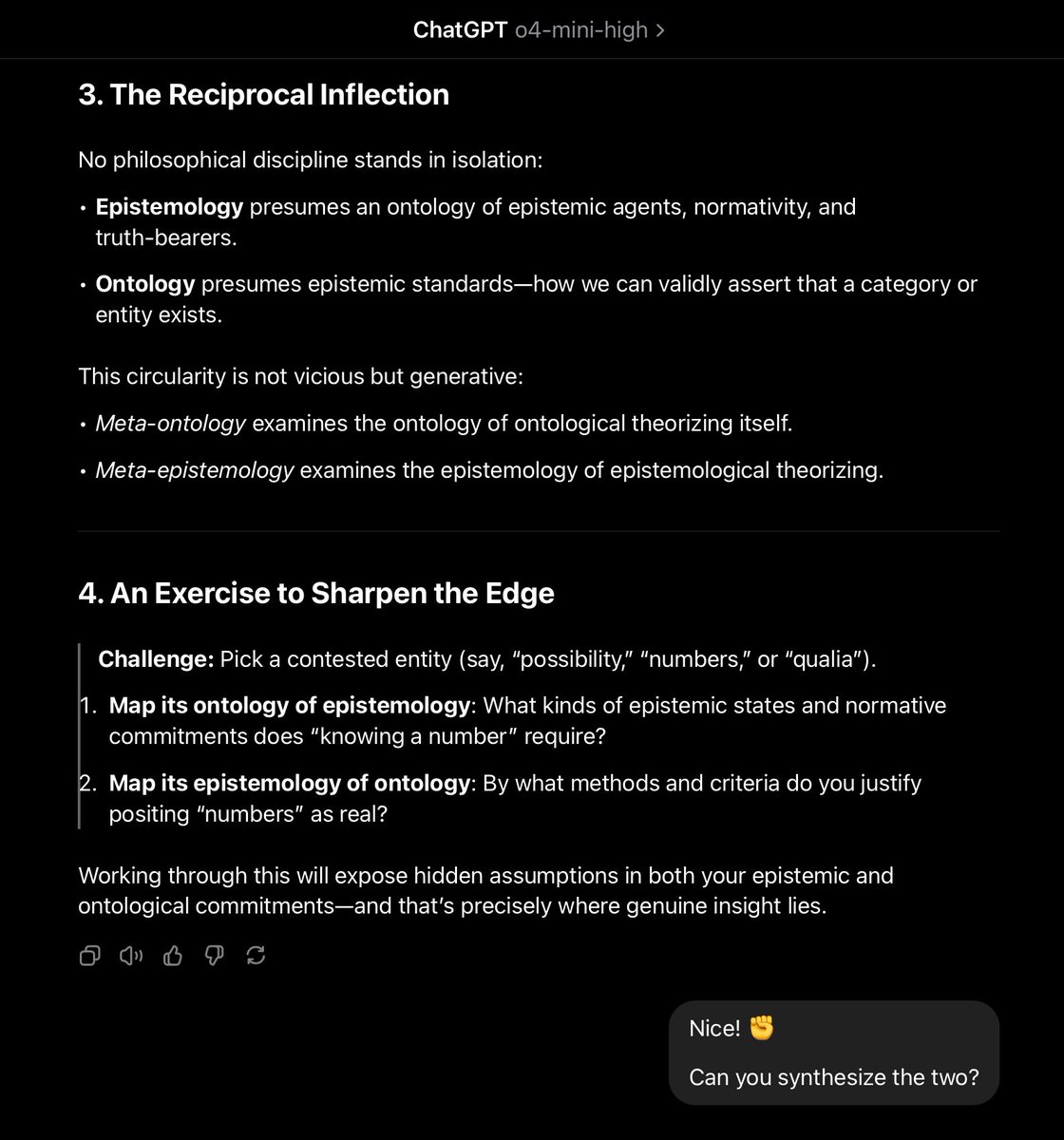 AndImOkayWithIt's tweet image. On the Ontology of Epistemology &amp;amp; Epistemology of Ontology

Pick a thing.
Map its ontology of epistemology &amp;amp; epistemology of ontology. Working thru this will expose hidden assumptions in both your epistemic &amp;amp; ontological commitments—&amp;amp; that’s precisely where genuine insight lies.