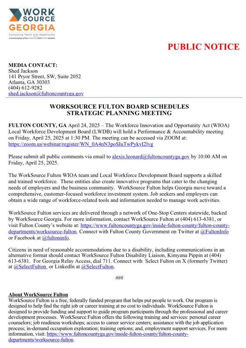 🗓️ WorkSource Fulton Board to Hold Strategic Planning Session Focused on Performance, Innovation, and Workforce Development #FultonCounty 

🔗 atlworks.org/counties/fulto… #SelectFulton #RP