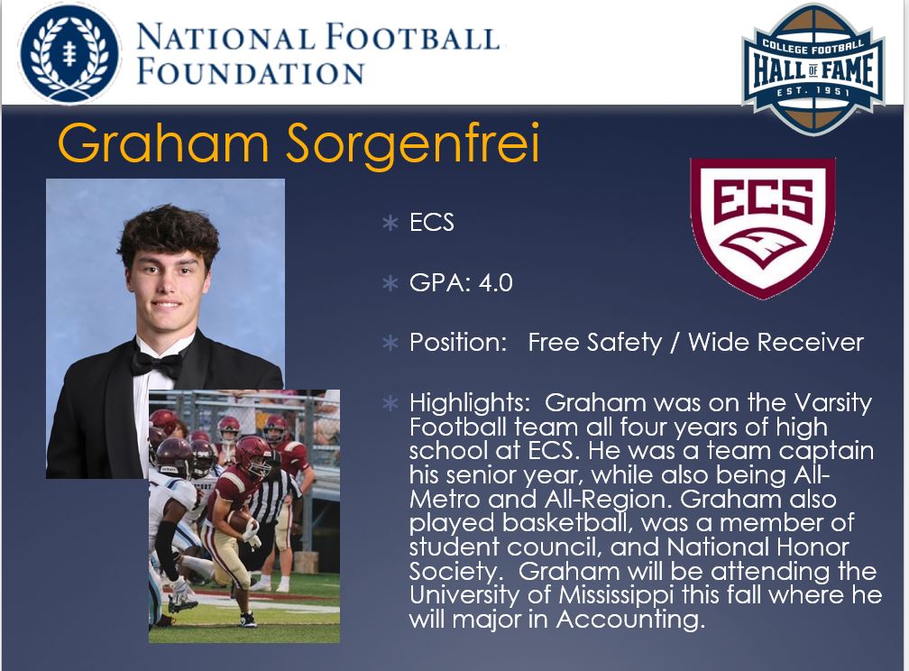 On behalf of the Memphis Chapter of The National Football Foundation, we would like to congratulate Graham Sorgenfrei of Evangelical Christian School (ECS) for being honored as one of our Scholar Athletes for the 2024-25 football season <a href="/NFFNetwork/">National Football Foundation</a> <a href="/ECSAthletics/">ECS Eagles Athletics</a> <a href="/ECSEaglesFB/">ECS Eagles Football</a>