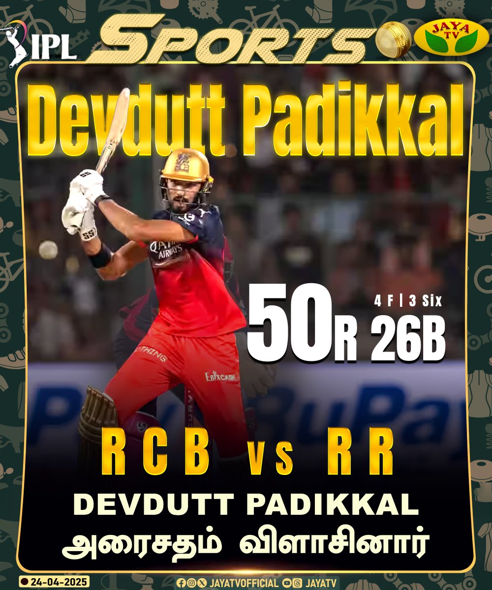 JayaTvOfficial's tweet image. Devdutt Padikkal அரைசதம் விளாசினார்!

#IPL2025 #devduttpadikkal #sports #jayatv