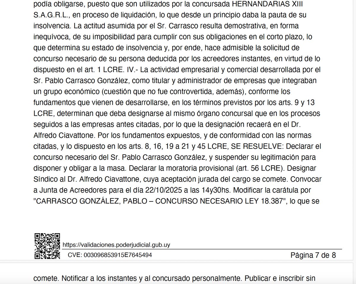 EPreve's tweet photo. 🔴AHORA

✔️La justicia acaba de decretar el concurso de Pablo Carrasco.

✔️La solicitud había sido realizada por tres personas que arrendaron sus campos a Hernandarias XIII, una empresa satélite de Conexión Ganadera. https://t.co/6kseo2AZMv