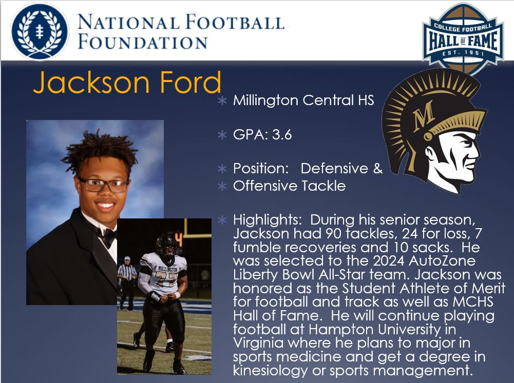 On behalf of the Memphis Chapter of The National Football Foundation, we would like to congratulate Jackson Ford of Millington Central for being honored as one of our Scholar Athletes for the 2024-25 football season <a href="/NFFNetwork/">National Football Foundation</a> <a href="/MTrojanSports/">MillingtonTrojansAthletics</a>