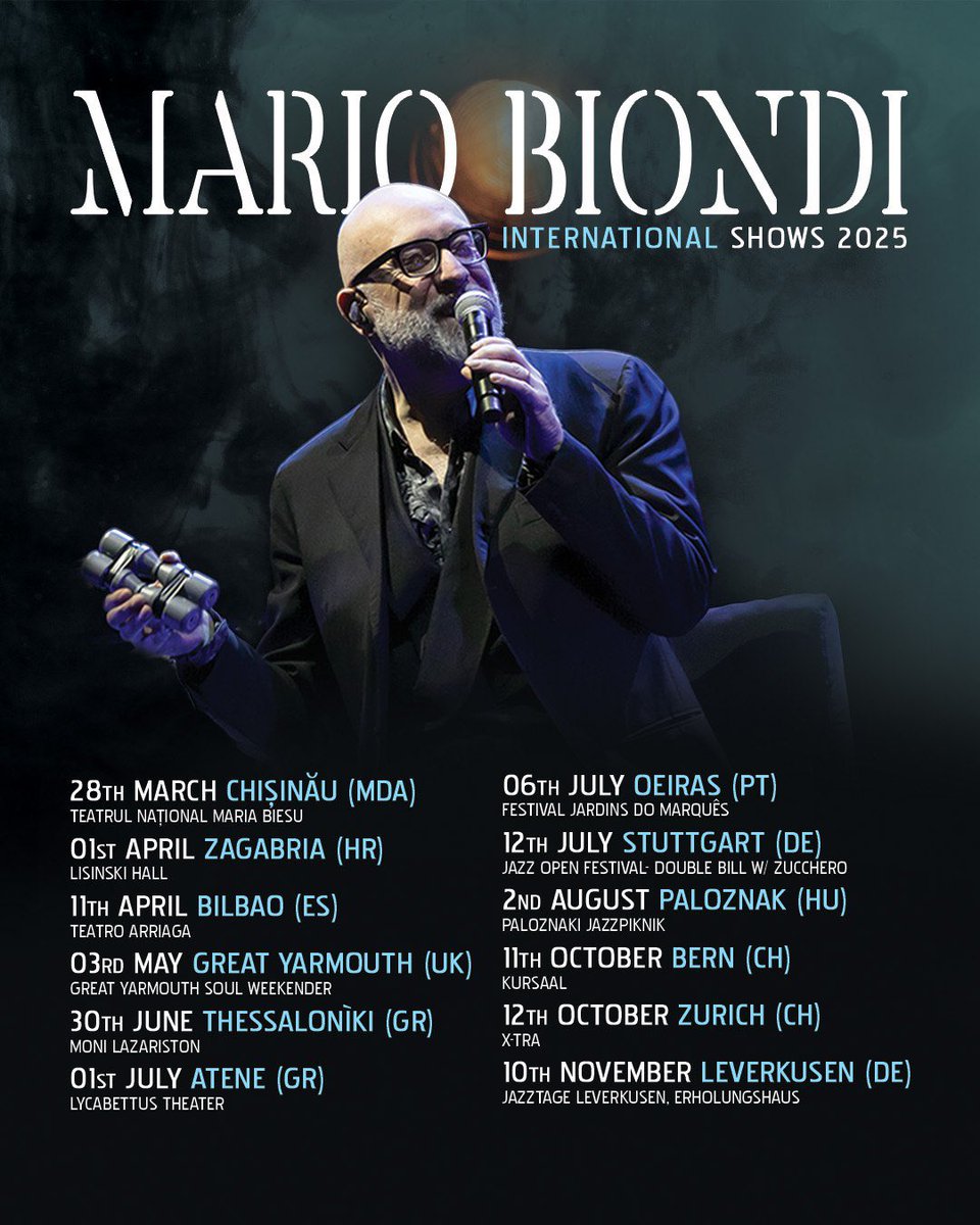 Mario Biondi (@mariobiondi) on Twitter photo Can’t wait to see you around Europe 🎶
Tickets available here: linktr.ee/mariobionditour
#mariobiondi #live #internationalshows2025 <a href="/imartsagency/">Internationalmusicandarts</a> Can’t wait to see you around Europe 🎶
Tickets available here: linktr.ee/mariobionditour
#mariobiondi #live #internationalshows2025 <a href="/imartsagency/">Internationalmusicandarts</a>
