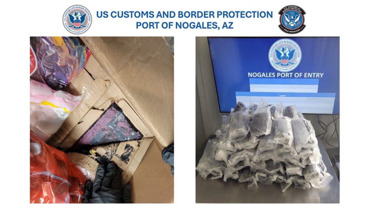 4-22-2025 – Our officers found approximately 2.5 lbs. of Heroin concealed between the layers of the bottom of a cardboard box full of candy. In a second inspection, officers discovered almost 65 lbs. of Methamphetamine concealed in the quarter panels and gas tank of a vehicle.