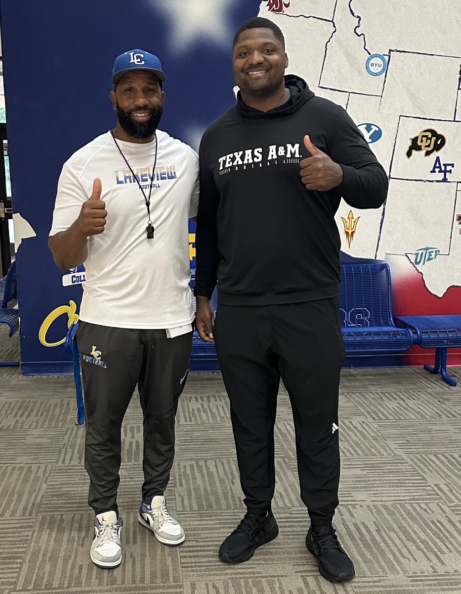 <a href="/TonyJerodEddie/">Coach Tony</a> Great having you at our morning practice today! Thank you <a href="/AggieFootball/">Texas A&M Football</a> for always recruiting our boys! 
#RecruitLC 🔵🟡 #EverythingCounts