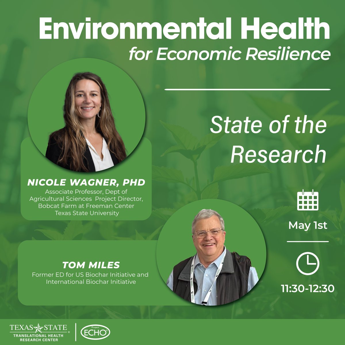 🌿 Final EHER ECHO Session! 🌿

Join us Thursday, May 1 at 11:30 AM CST for "The State of Biochar Research" with Dr. Nicole Wagner &amp; Tom Miles.

Explore biochar’s role in soil health, policy, &amp; climate resilience.

🔗Register: bit.ly/EHERECHO

#Biochar #Sustainability