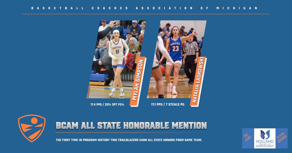 Just in! Historic achievement for Saugatuck Girls Basketball! Mylah Simpson and Natalia Laskowski earn BCAM All-State Honorable Mention - a program first to have two players recognized in the same season.