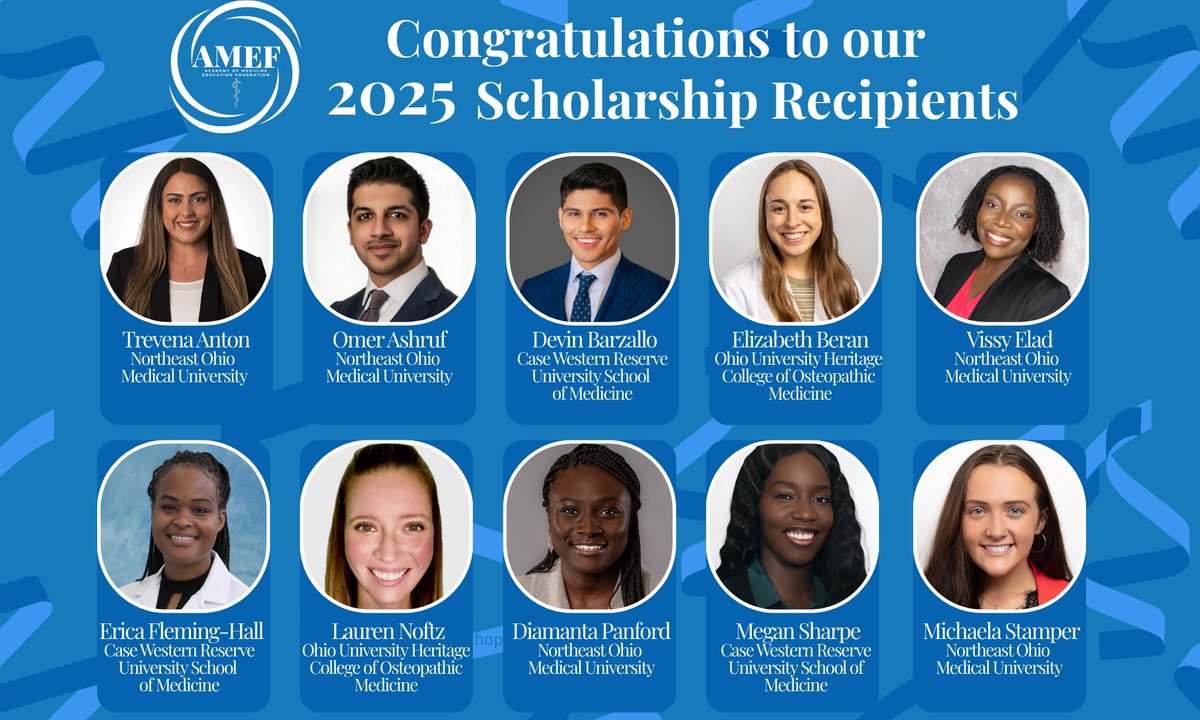Academy of Medicine of Cleveland & Northern Ohio (@academymedcle) on Twitter photo We are excited to announce this year's Academy of Medicine Education Foundation (AMEF) scholarship winners. Congratulations to these medical students! <a href="/CWRUSOM/">CWRU School of Medicine</a> <a href="/NEOMEDedu/">Northeast Ohio Medical University (NEOMED)</a> <a href="/OUHCOM/">Heritage College</a> #scholarship #medstudent Help us continue to support students by donating amcno.org/donate-to-amef. We are excited to announce this year's Academy of Medicine Education Foundation (AMEF) scholarship winners. Congratulations to these medical students! <a href="/CWRUSOM/">CWRU School of Medicine</a> <a href="/NEOMEDedu/">Northeast Ohio Medical University (NEOMED)</a> <a href="/OUHCOM/">Heritage College</a> #scholarship #medstudent Help us continue to support students by donating amcno.org/donate-to-amef.