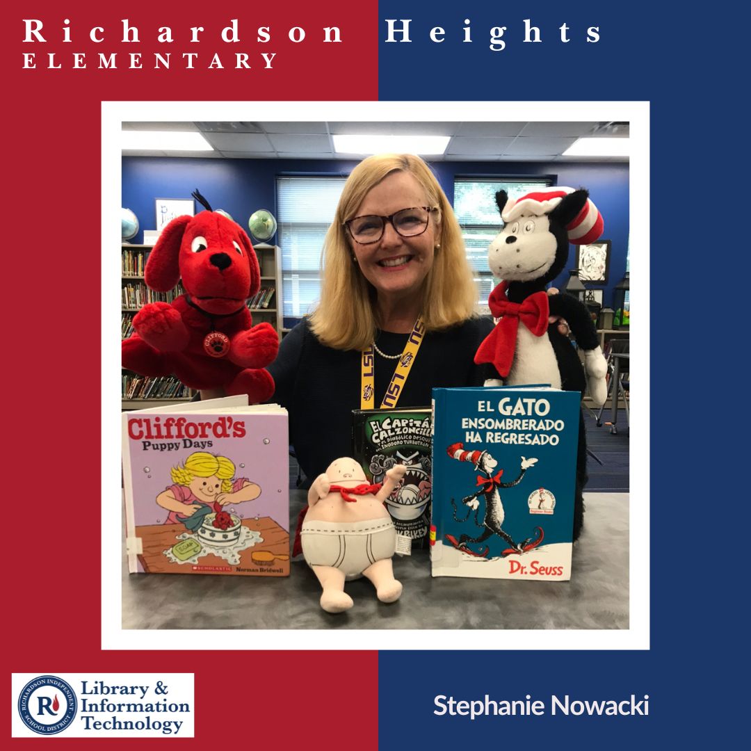 It's #SchoolLibraryMonth and this is the longtime RHE LITE, Stephanie Nowacki! She loves Hot Tamales and serving the RHE community! #LibrariesinRISD #RISDBeTheOne
