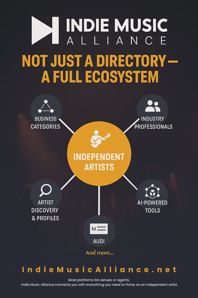 SaamGolgoon's tweet photo. Most platforms list venues or agents.

Indie Music Alliance connects you with everything you need to thrive as an independent artist.

#IndieMusicAlliance #MusicEcosystem #IMAMovement #SupportIndieArtists #IndependentArtistTools #BuiltForMusicians https://t.co/nbuALDvKqJ