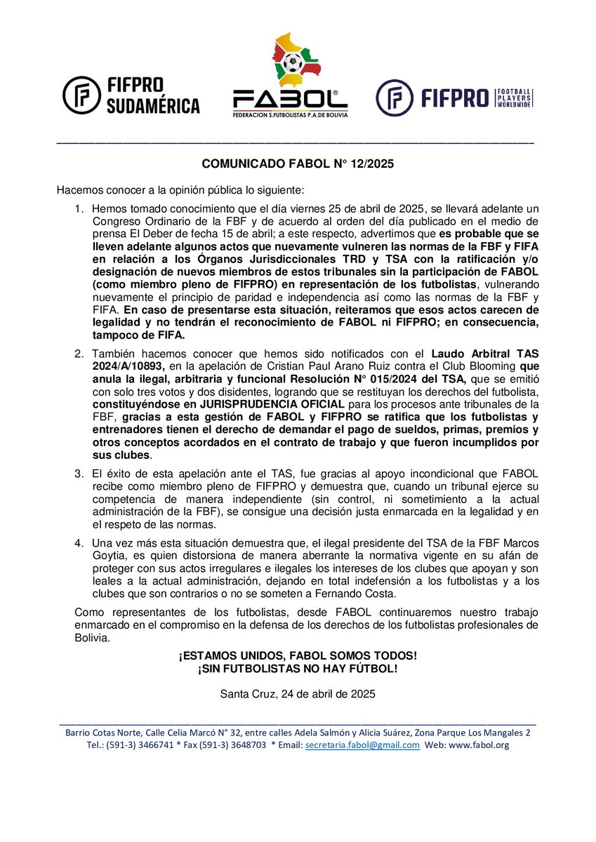 Comunicado 012/2025 de <a href="/fabol_Bolivia/">Federación S. de Futbolistas P. de Bolivia</a> 
#sinfutbolistasnohayfutbol
#fabol
#FBF