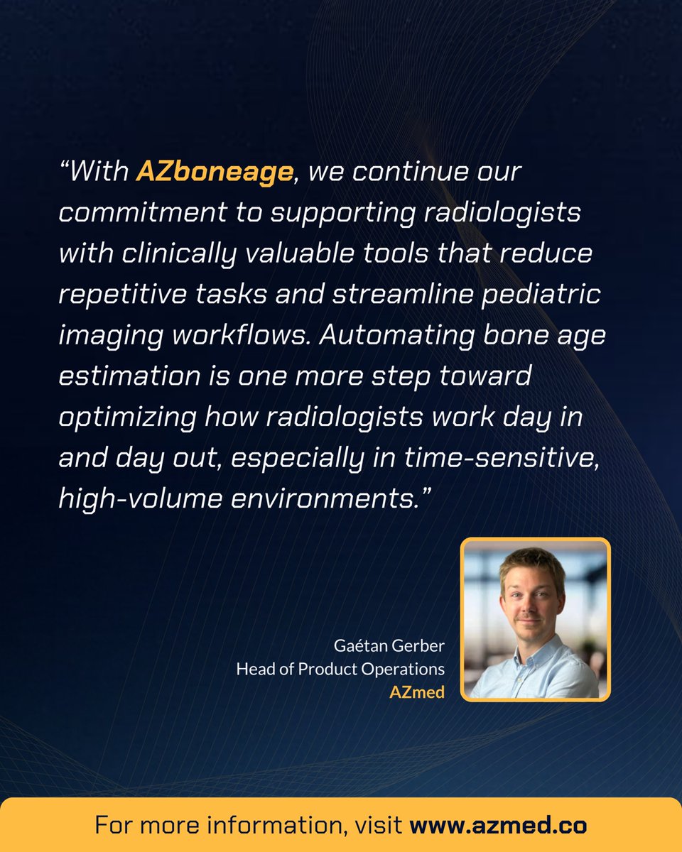 AZmed_AI's tweet image. Bone age estimation is essential in pediatric radiology but remains time-consuming.
AZboneage, a CE-marked AI solution from AZmed, delivers skeletal maturity assessment using the Greulich and Pyle method. It generates structured reports while preserving the original radiograph,…