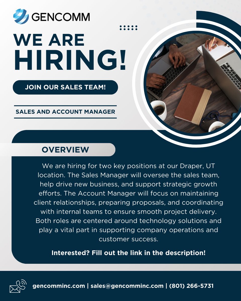 GenCommHQ's tweet image. We are looking for a Sales Manager and an Account Manager! If you are interested, feel free to click the links below.

indeed.com/job/account-ma…
indeed.com/job/sales-mana…

#utah #gencomm #draper #draperut #salesmanager #sales #accountmanager #account #business #audiovisual