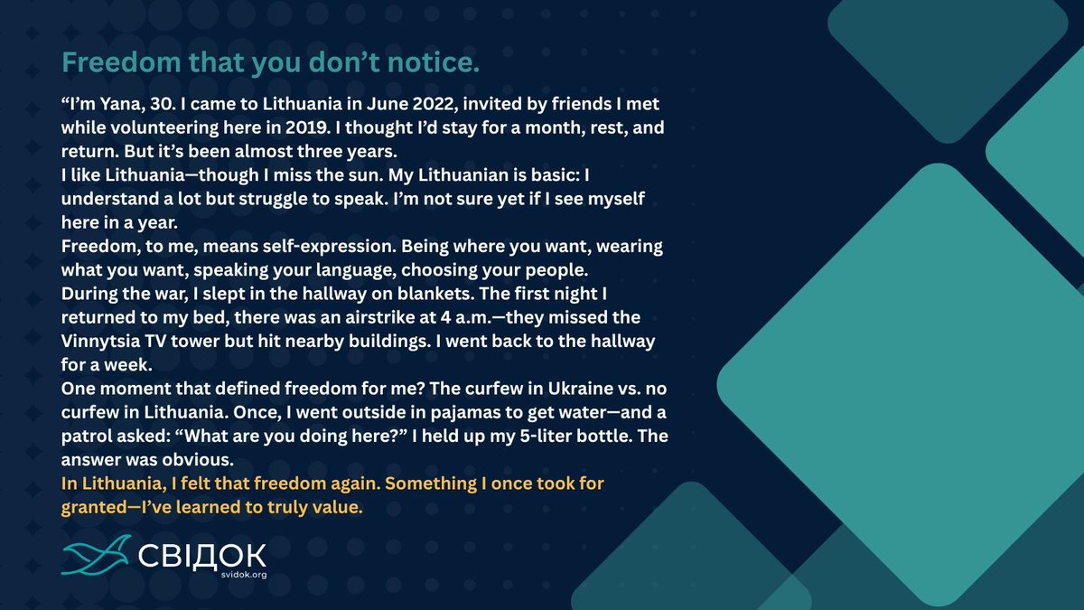 Yana, 30, left Ukraine in 2022 thinking she'd stay in Lithuania for just a month. Three years later, she reflects on airstrikes, curfews, and the quiet return of freedom in everyday moments—like stepping outside after dark.
Read more: svidok.org/notes/svoboda-…