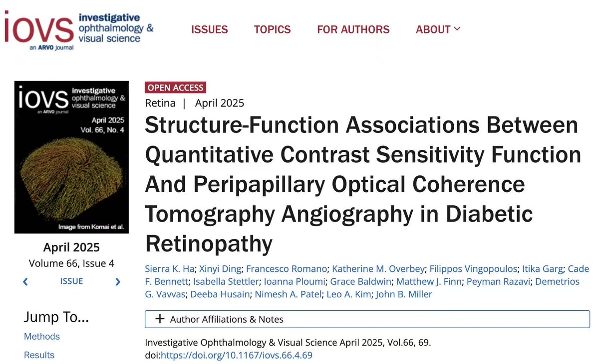 Xinyi Ding (@dngxny504976251) on Twitter photo Check our latest work in @iovs_journal from <a href="/HMSeye/">Harvard Ophthalmology</a> / <a href="/MassEyeAndEar/">Mass Eye and Ear</a> on structure-function associations in diabetic retinopathy!
<a href="/JohnBMillerMD/">John B. Miller</a> #HarvardRetinalImagingLab #OCTA #DiabeticRetinopathy #VisionScience
🔗 doi.org/10.1167/iovs.6… Check our latest work in @iovs_journal from <a href="/HMSeye/">Harvard Ophthalmology</a> / <a href="/MassEyeAndEar/">Mass Eye and Ear</a> on structure-function associations in diabetic retinopathy!
<a href="/JohnBMillerMD/">John B. Miller</a> #HarvardRetinalImagingLab #OCTA #DiabeticRetinopathy #VisionScience
🔗 doi.org/10.1167/iovs.6…