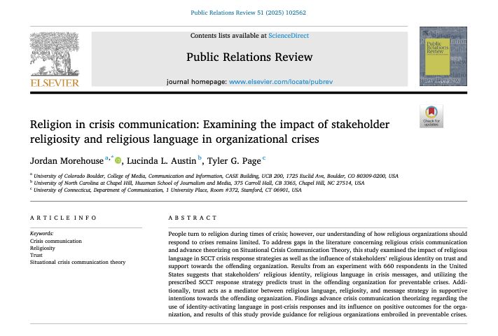 Jordan Morehouse, Ph.D. (@jordanmorehou) on Twitter photo Excited to share a new publication with <a href="/LucindaLAustin/">Lucinda Austin</a> and <a href="/tpageMLS/">Tyler G. Page</a>: Religion in crisis communication: Examining the impact of stakeholder religiosity and religious language in organizational crises.
doi.org/10.1016/j.pubr… Excited to share a new publication with <a href="/LucindaLAustin/">Lucinda Austin</a> and <a href="/tpageMLS/">Tyler G. Page</a>: Religion in crisis communication: Examining the impact of stakeholder religiosity and religious language in organizational crises.
doi.org/10.1016/j.pubr…