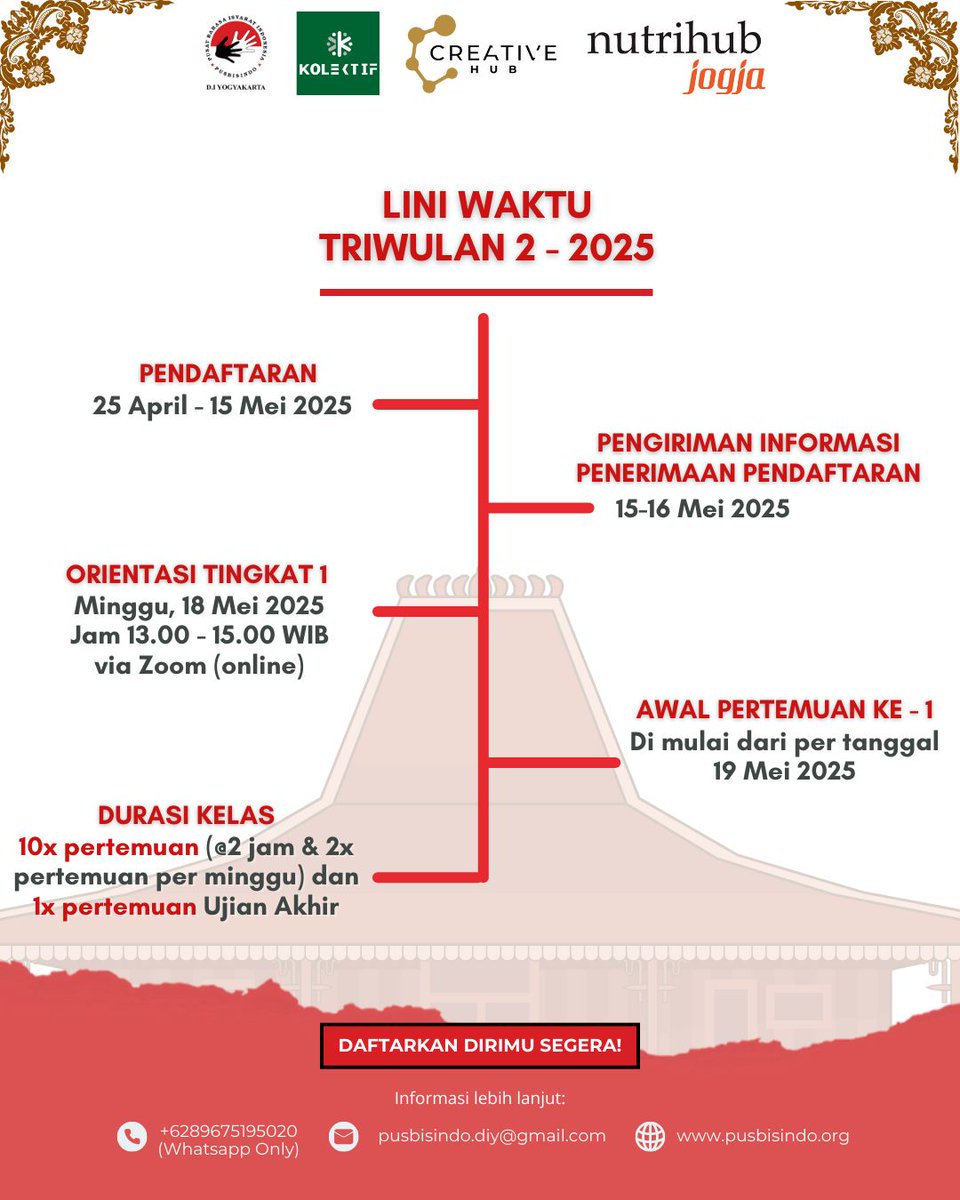 Pendaftaran kls bahasa isyarat level 1-3 area D.I. Yogyakarta telah dibuka!

Utk pendaftaran kelas bahasa isyarat Yogya, 
klik link : linktr.ee/pusbisindodiy

Utk pendaftaran, pertanyaan/info lbih lanjut, bisa hubungi Pusbisindo DIY via WA: wa.link/fl7l8s

#kelasbisindo
