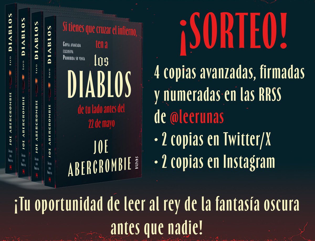 LeeRunas's tweet image. 🔥¿Quieres ganar un ejemplar firmado y numerado (copia no venal) de ‘Los Diablos’, de Joe Abercrombie?🔥

⚡️Para participar sigue a @Leerunas 👥 y cita a una amiga/o con el que te gustaría leerlo con el HT:

#LosDiablosDeAbercrombie 📣

🚚Enviaremos a los ganadores el 5/5📕