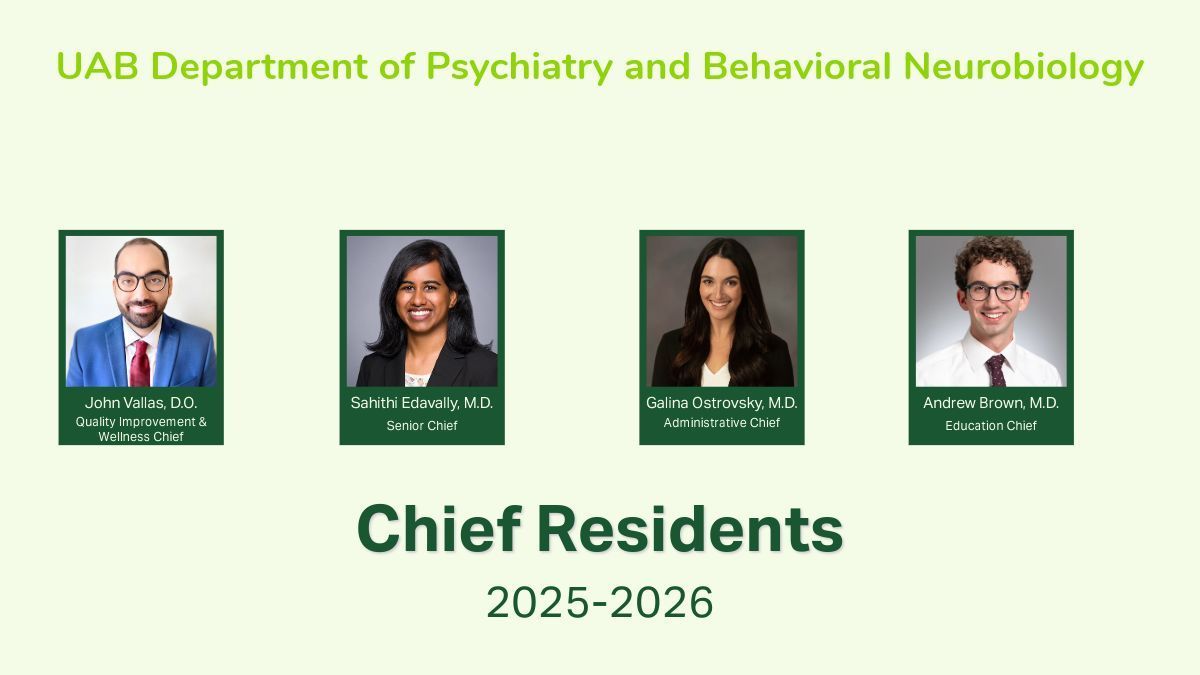 UAB Psychiatry (@uabpsychiatry) on Twitter photo We are excited to announce our 2025-2026 Chief Residents! 🐉 Congratulations to PGY3's Drs. Andrew Brown, Galina Ostrovsky, and John Vallas, as well as PGY4, Dr. Sahithi Edavally! <a href="/UABHeersink/">UAB Heersink School of Medicine</a> We are excited to announce our 2025-2026 Chief Residents! 🐉 Congratulations to PGY3's Drs. Andrew Brown, Galina Ostrovsky, and John Vallas, as well as PGY4, Dr. Sahithi Edavally! <a href="/UABHeersink/">UAB Heersink School of Medicine</a>