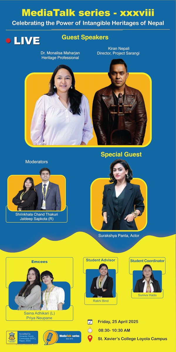 SXCMaitighar's tweet photo. Exploring the power of intangible heritages of Nepal, MediaTalk Series 38 returns on 25 April with speakers Dr. Monalisa Maharjan, Sarangi artist Kiran Nepali, and actress Surakshya Panta. Live on SXC’s YouTube channel!  #IntangibleHeritage #SXCmaitighar #WorldHeritageDay https://t.co/4mln8uH8js