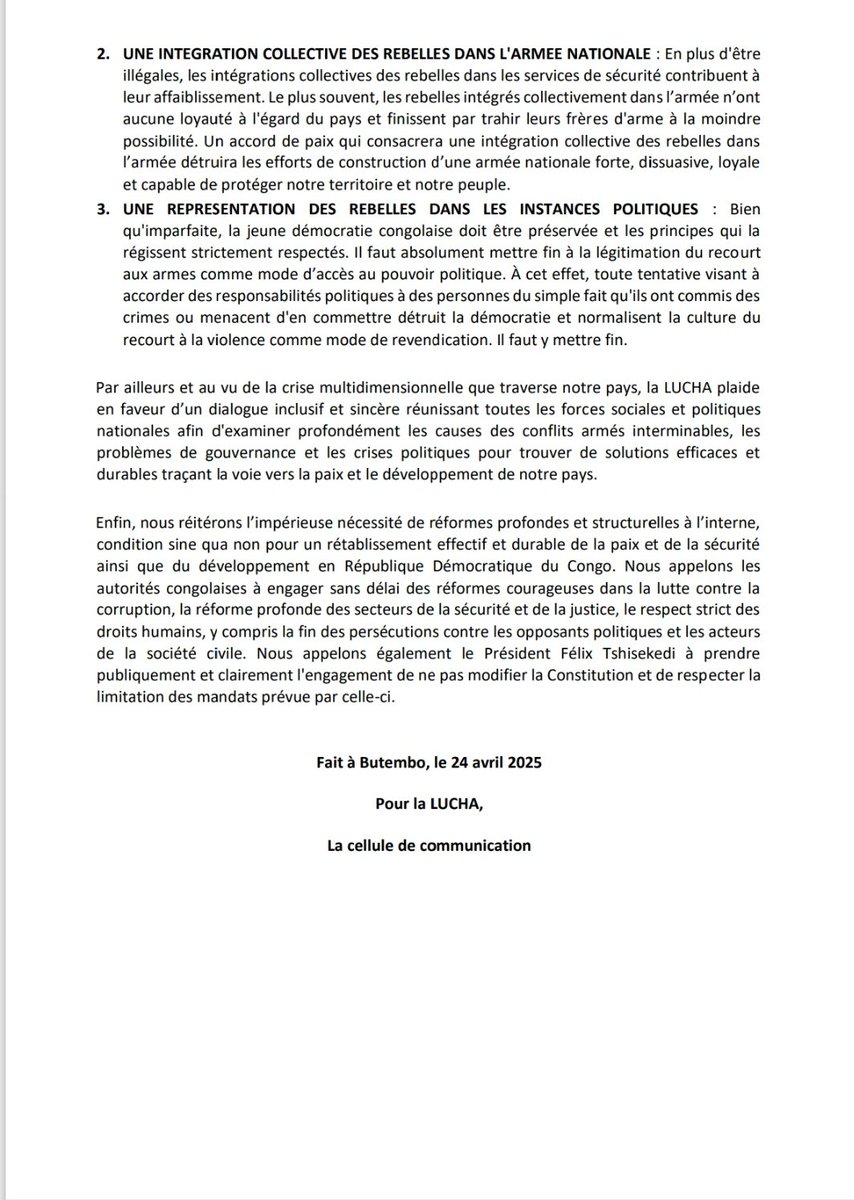 luchaRDC's tweet photo. A l’heure où un dialogue entre le gouvernement🇨🇩 et le M23 se profile à l’horizon à #Doha, nous tenons à mettre en garde contre des « accords de paix » récompensant les criminels au détriment des victimes, affaiblissant l'armée et compromettant notre démocratie. 

Déclaration 👇 https://t.co/W6xzbRhYUp
