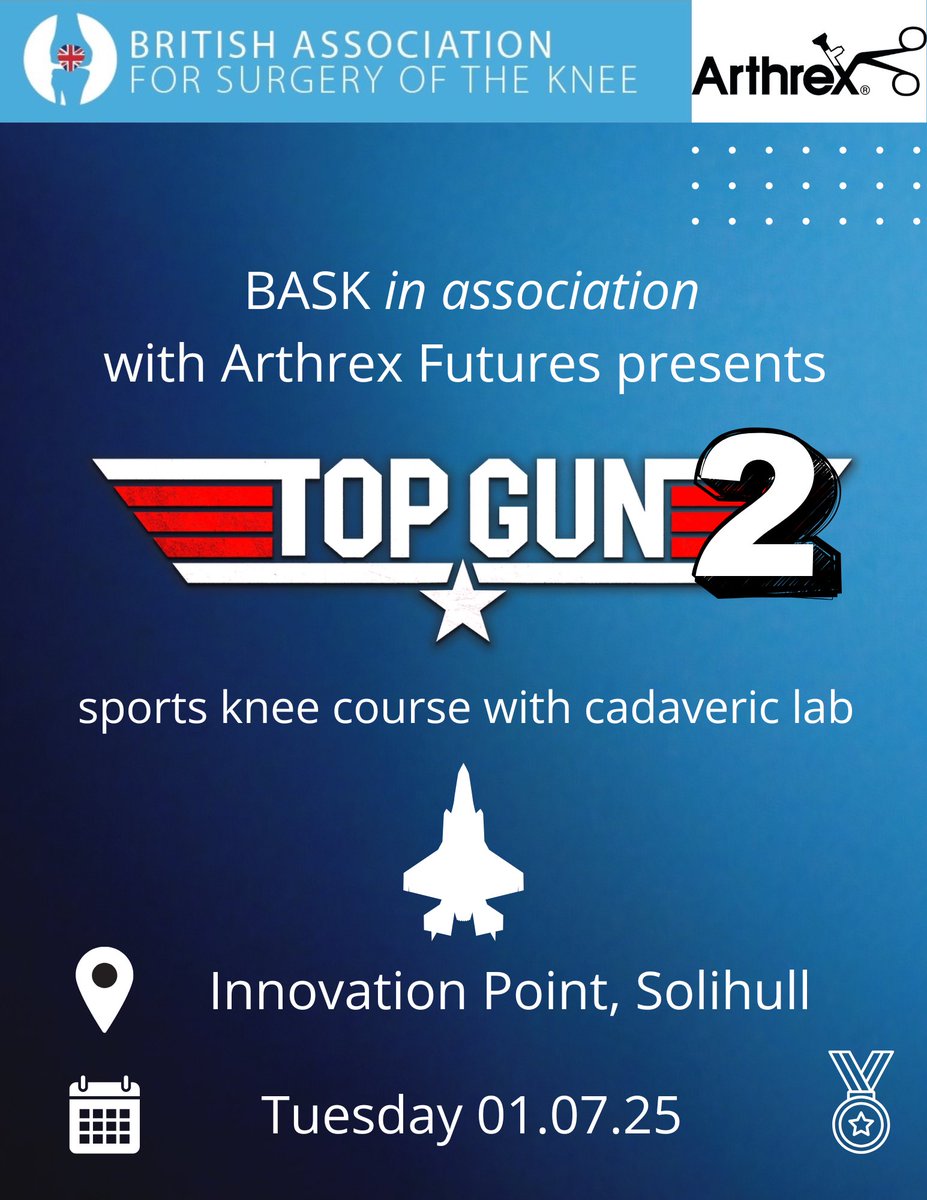 kashakhtar's tweet photo. 🚨 Applications are open for #TopGun2 — the UK’s elite surgical training course in sports knee surgery.
Only 16 senior trainees will be selected.
🚀 Hosted at @ArthrexUK Innovation Point with @baskonline.
TPDs: nominate your best.
Trainees: talk to your TPD.
#SportsKnee https://t.co/D0x3YxmQg0