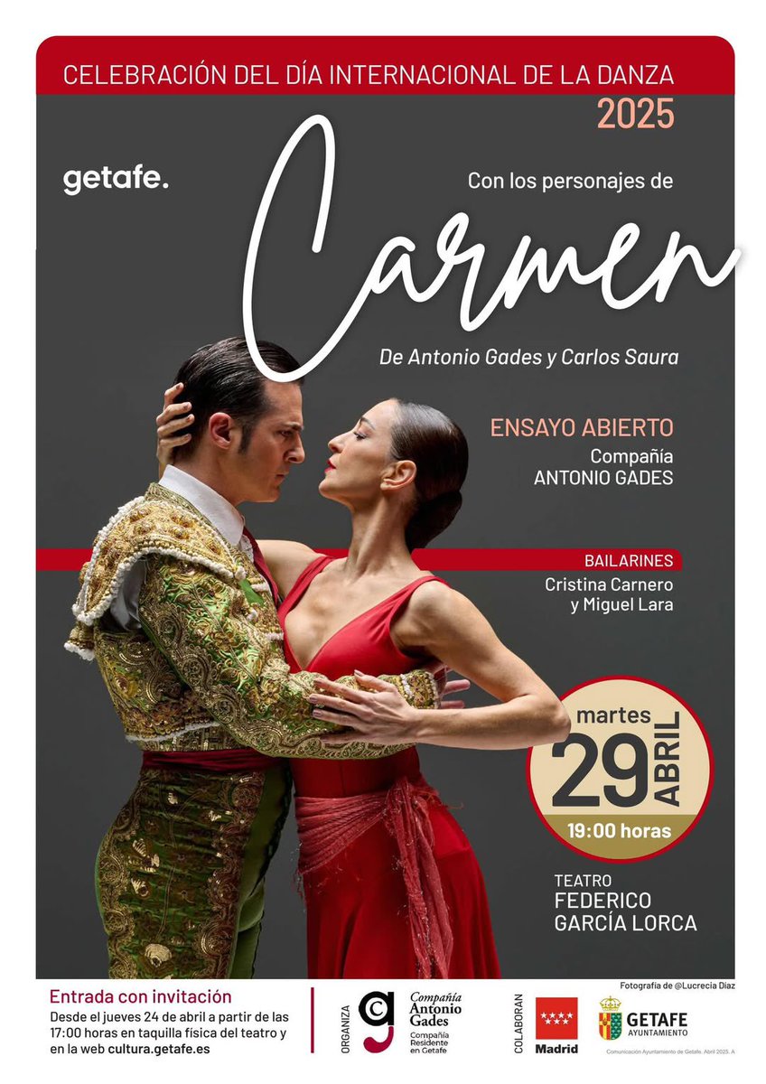 Martes 29 abril ⏰ 19h
La Compañía Antonio Gades celebra el Día Internacional de la Danza con un ensayo abierto en el Teatro Federico García Lorca #Getafe #madrid
Hasta 4 entradas por persona gratuitas en taquilla del teatro o cultura.getafe.es
#danza #nosgustaladanza