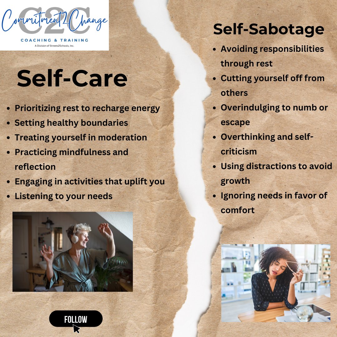 C2C_Coaching's tweet image. Self-care is resting to recharge.
Self-sabotage is avoiding responsibilities with rest.
One nurtures. One numbs.
How do we shift? Build routines for peace and progress.
Check out Breaking Dysfunctional Cycles:
commitment2change.com/ceu-videos-list
#MentalHealth #HealthyHabits #Recharge