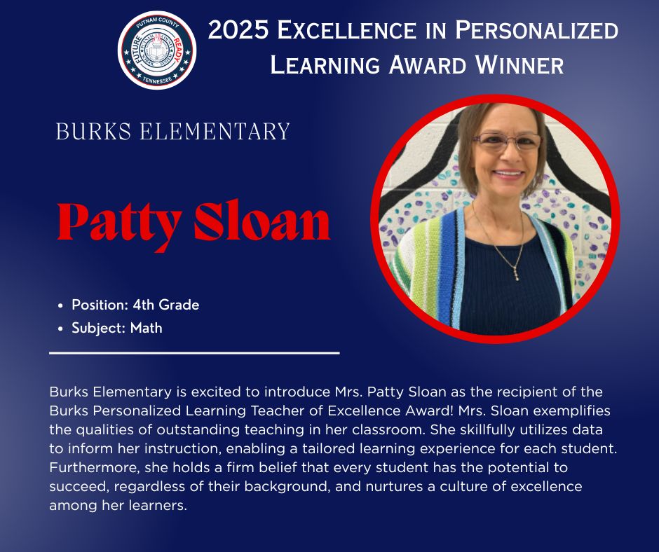 VS_UCDirector's tweet image. #PutnamProud
#FutureReadyPCSS

#PLExcellenceInTeaching
Congratulations to Patty Sloan for being selected for the 2025 Personalized Learning Excellence in Teaching Award at @BurksElementary School.