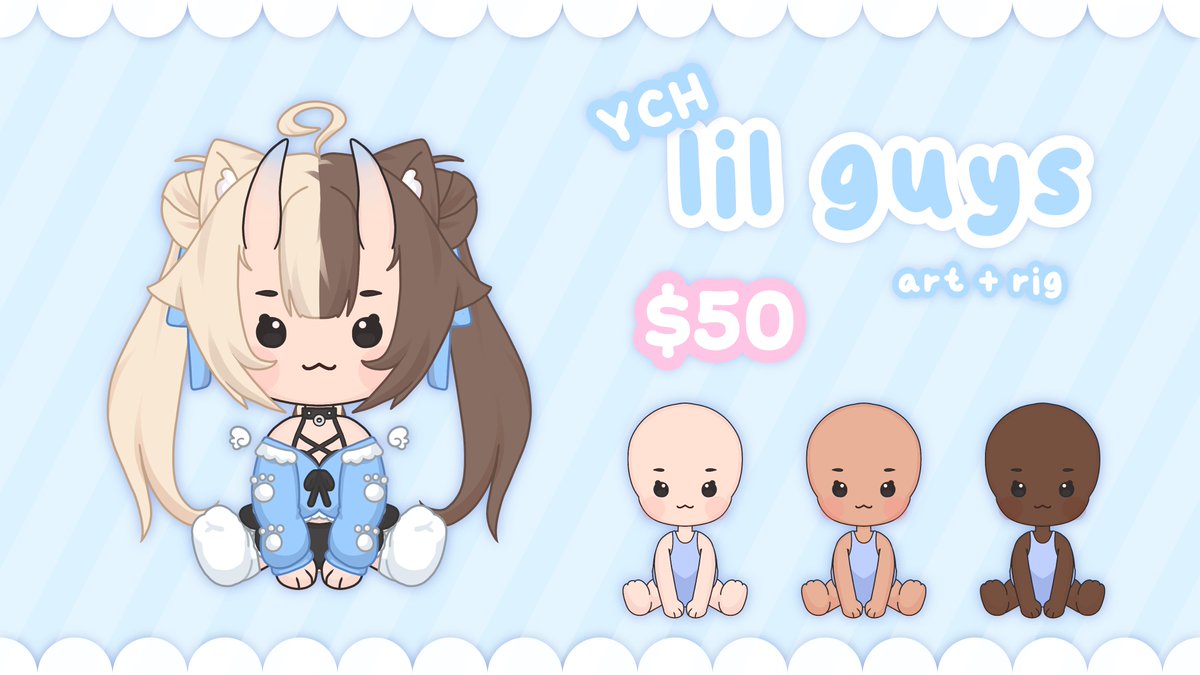 ꒰ lil guys YCH art + rig OPEN ꒱

hai everyone! i am opening up these cute lil guys ! 
they are YCH and include art + rig! (i will show video soon!)

$50 each for first 5 customers! 

i am trying to get verified on VGen >⩊<