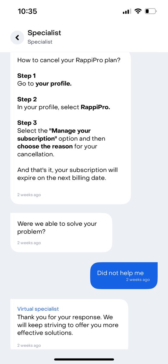 MariaLuciaV57's tweet photo. Como es posible que llevo cuatro meses tratando de cancelar mi Rappi pro y la única respuesta de servicio al cliente es hacer algo que no se puede hacer en la app https://t.co/OWHB8Zhszk