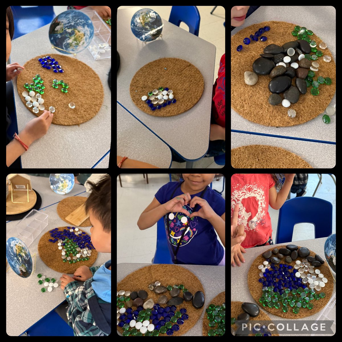 Ss used loose parts, a picture of the Earth &amp; previous knowledge to represent the Earth. Each one was different/unique and depicted their views of the earth. 🌎 

White: Clouds, Snow, Ice  
Green: Land, Grass
Blue: Water 
Rocks: Deep Water 

<a href="/ocsbEco/">ocsbECO</a> #ocsbEarth #ocsbDL