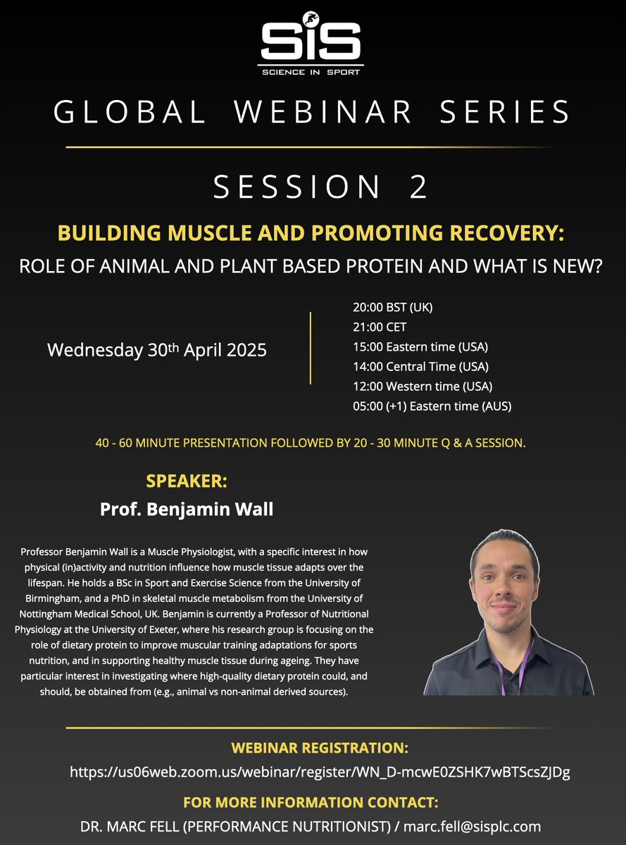 Marc Fell (@marcfell1) on Twitter photo 🚨Session 2 of the <a href="/ScienceinSport/">Science in Sport</a> Webinar Series
An in-depth exploration of muscle building & recovery, with a focus on the role of animal and plant based proteins.
📆 Wed 30th April
⏰ Worldwide times in picture
🎙️ Prof. <a href="/BenjaminTWall/">Benjamin T Wall</a>
Register: us06web.zoom.us/webinar/regist… 🚨Session 2 of the <a href="/ScienceinSport/">Science in Sport</a> Webinar Series
An in-depth exploration of muscle building & recovery, with a focus on the role of animal and plant based proteins.
📆 Wed 30th April
⏰ Worldwide times in picture
🎙️ Prof. <a href="/BenjaminTWall/">Benjamin T Wall</a>
Register: us06web.zoom.us/webinar/regist…