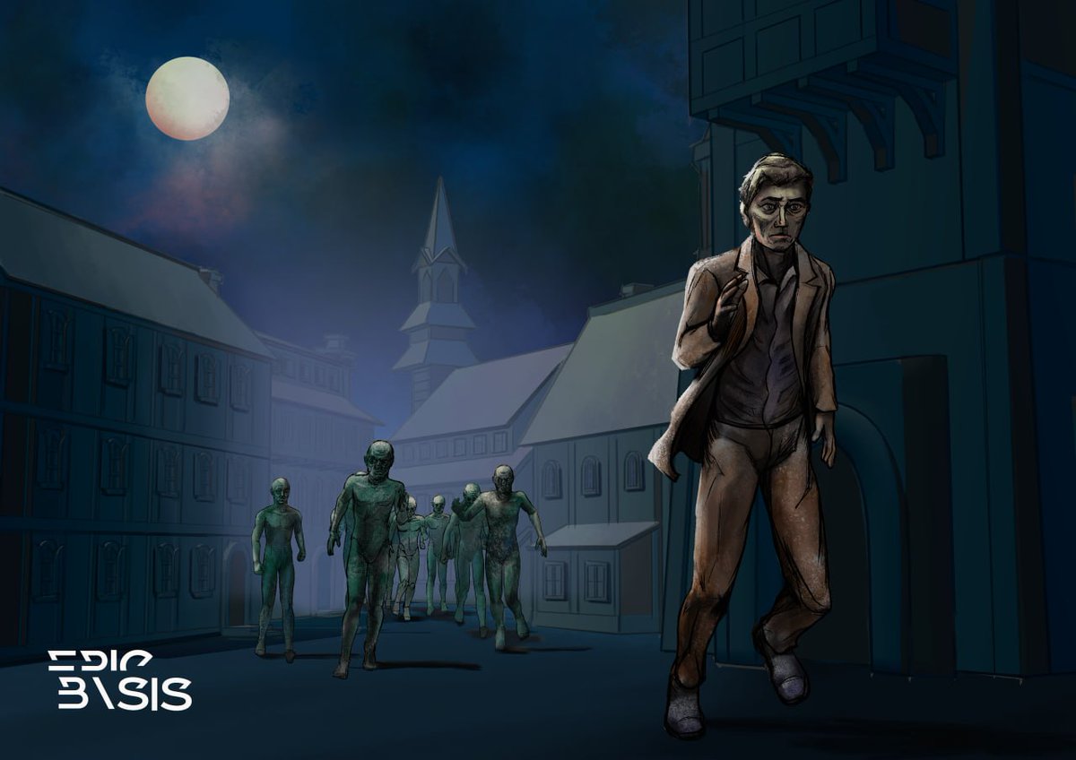 EpicBasis's tweet photo. An illustration for Lovecraft’s "The Shadow over Innsmouth" — the protagonist fleeing from the Deep Ones. Tried to capture that sense of dread and panic. #digitalart #illustration #horror #lovecraft #innsmouth #shadowoverinnsmouth #deepones #horrorart #conceptart #clipstudiopaint https://t.co/9AOqDy8Fm8