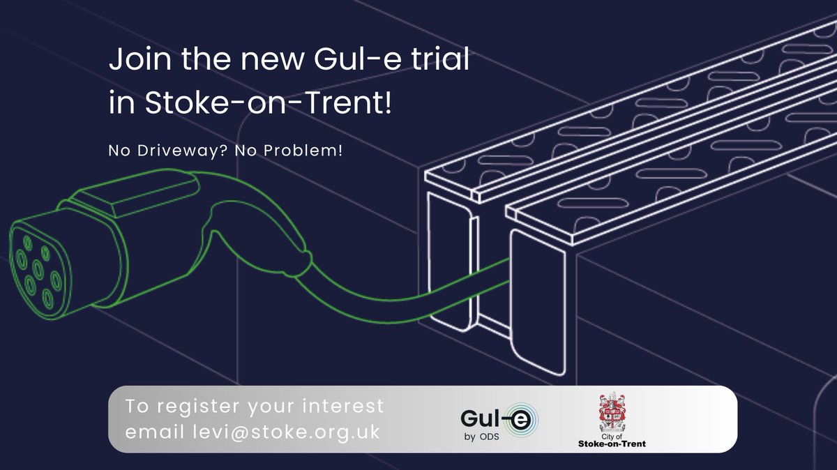 🚗⚡ Exciting News for #EV Drivers in #StokeonTrent - we are looking for 200 households who don't have a driveway but would like to charge their #electricvehicle at home! Email levi@stoke.gov.uk to take part in the new Gul-e trial! No Driveway? No Problem! gul-e.co.uk