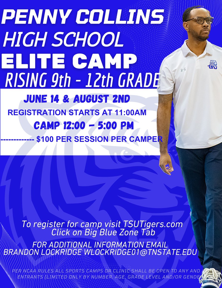 TSUTigersMBB's tweet image. 🏀 Just 5️⃣ weeks away! The Penny Collins Team Camp—an elite experience led by TSU Head Coach @coachpenny1. Sharpen your game, build chemistry, and compete at the highest level. Spots are filling fast!
Register for all Camps now: pennycollinsbasketball.totalcamps.com/shop/EVENT
#Deserve2Win
