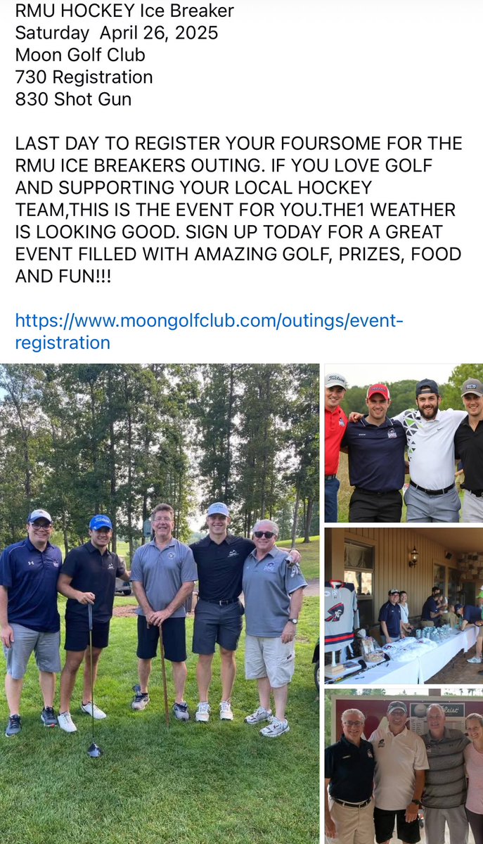 Colonial Hockey Foundation (@colonialhf) on Twitter photo Last chance to register! <a href="/RMUMHockey/">RMU Men’s Hockey</a> <a href="/RMUWHockey/">RMU Women's Hockey</a>
moongolfclub.com/outings/event-… Last chance to register! <a href="/RMUMHockey/">RMU Men’s Hockey</a> <a href="/RMUWHockey/">RMU Women's Hockey</a>
moongolfclub.com/outings/event-…