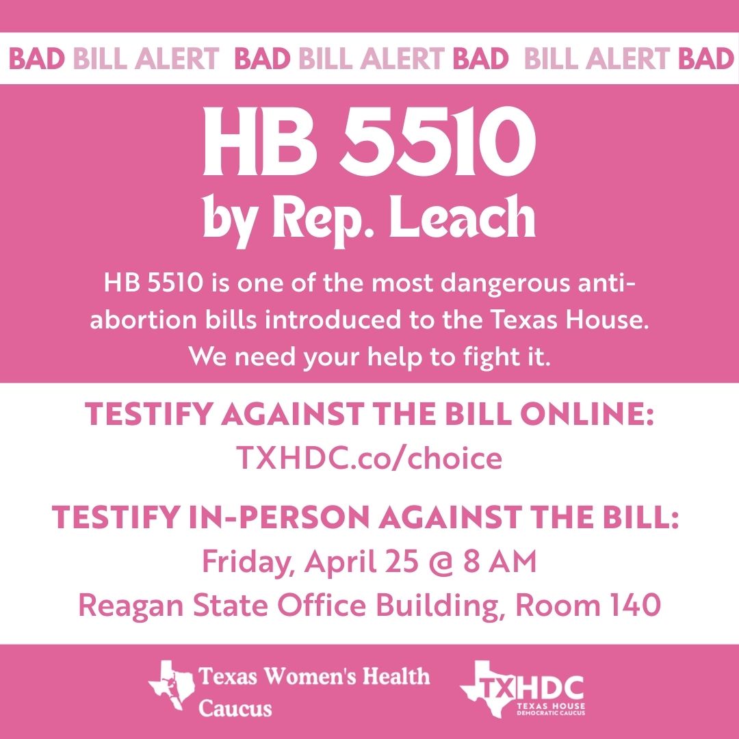 Texas House Democrats (@texashdc) on Twitter photo URGENT: HB 5510 further threatens Texans' reproductive freedom by criminalizing medication access and online health information.
Testify in person: TOMORROW 4/25, 8AM, Reagan State Office Building, Room 140
Testify online: txhdc.co/choice
#txlege <a href="/TXHouseWHC/">Texas Women's Health Caucus</a> URGENT: HB 5510 further threatens Texans' reproductive freedom by criminalizing medication access and online health information.
Testify in person: TOMORROW 4/25, 8AM, Reagan State Office Building, Room 140
Testify online: txhdc.co/choice
#txlege <a href="/TXHouseWHC/">Texas Women's Health Caucus</a>