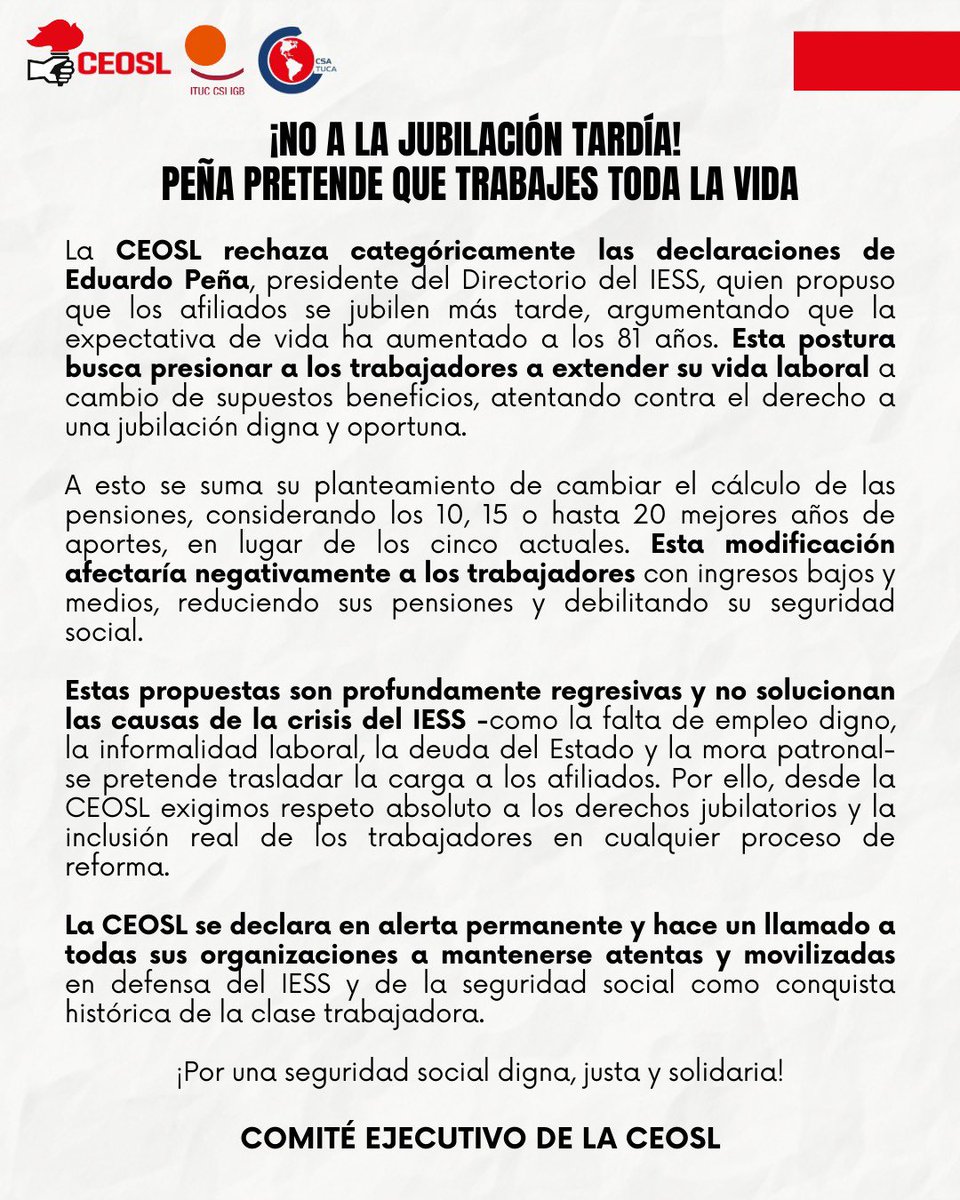 ❌ Rechazamos categóricamente las declaraciones de Eduardo Peña sobre aumentar la edad de jubilación. ¡La solución no es castigar a quienes ya entregaron su vida al trabajo! 
Exigimos políticas que garanticen una vejez digna, no más precarización laboral.

📣 #NoALaReforma
