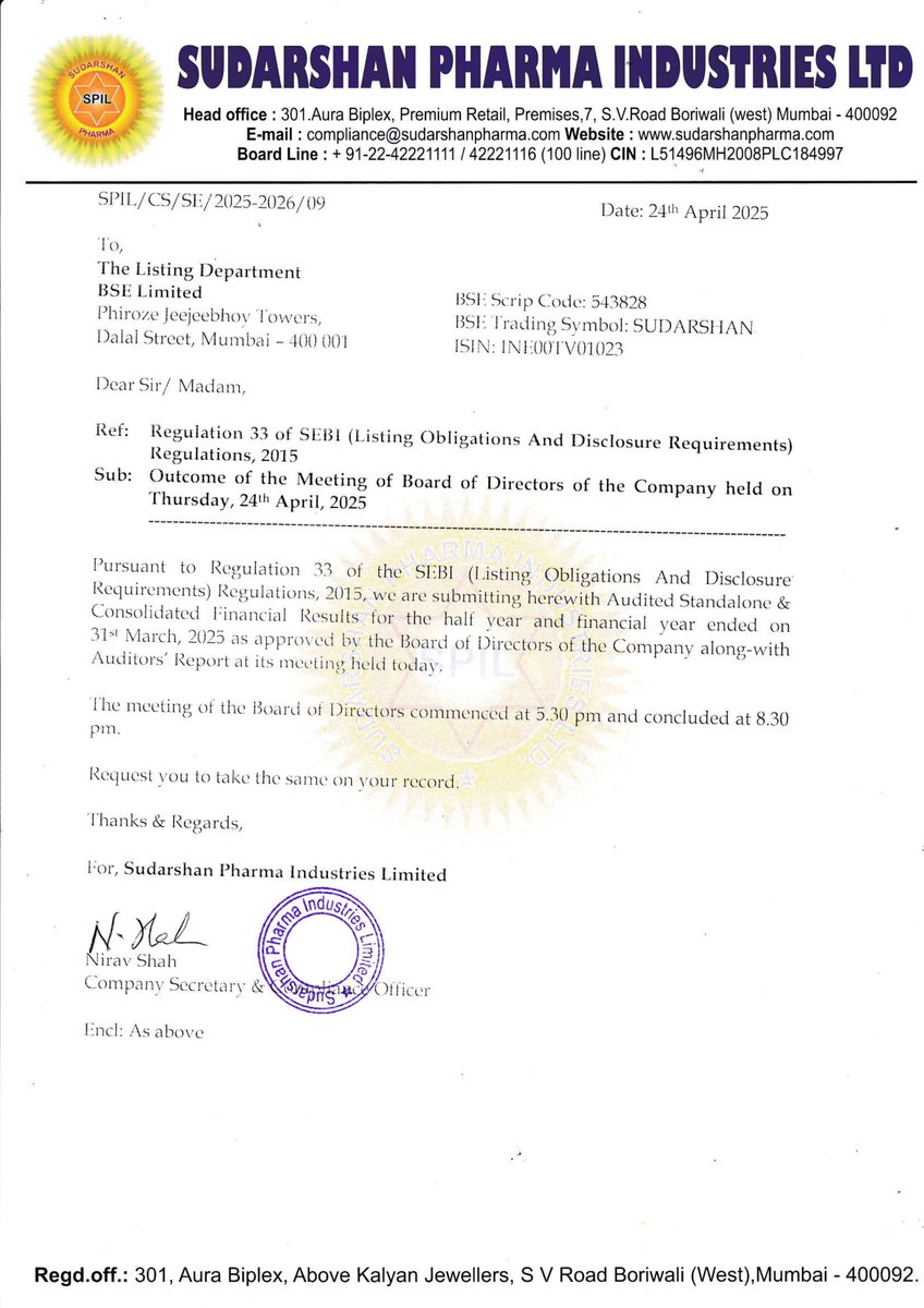 nileshkurhade's tweet image. 📌 Sudarshan Pharma Industries Ltd informed the exchange about its approval for the financial results for the period ended March 31, 2025. #SME #SUDARSHAN 📄🧾