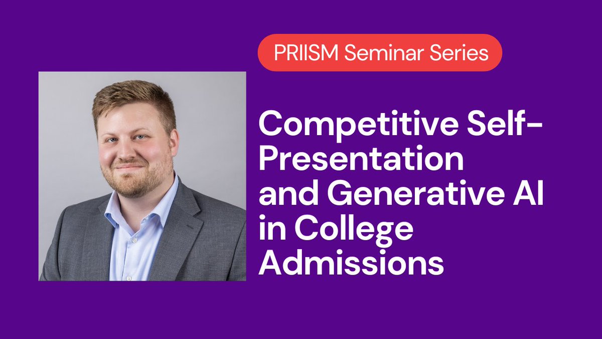 NYU PRIISM Center (@nyu_priism) on Twitter photo Who Gets In? AI-generated essays in college admissions
Join us & <a href="/AustinVanLoon/">Austin van Loon</a> to learn about how GAI in college admission essays may reshape demographic makeup of admitted students & transform how merit is evaluated.
Wed 5/7, 10 am ET (Hybrid)
RSVP: tinyurl.com/PRIISM-5-7-25 Who Gets In? AI-generated essays in college admissions
Join us & <a href="/AustinVanLoon/">Austin van Loon</a> to learn about how GAI in college admission essays may reshape demographic makeup of admitted students & transform how merit is evaluated.
Wed 5/7, 10 am ET (Hybrid)
RSVP: tinyurl.com/PRIISM-5-7-25