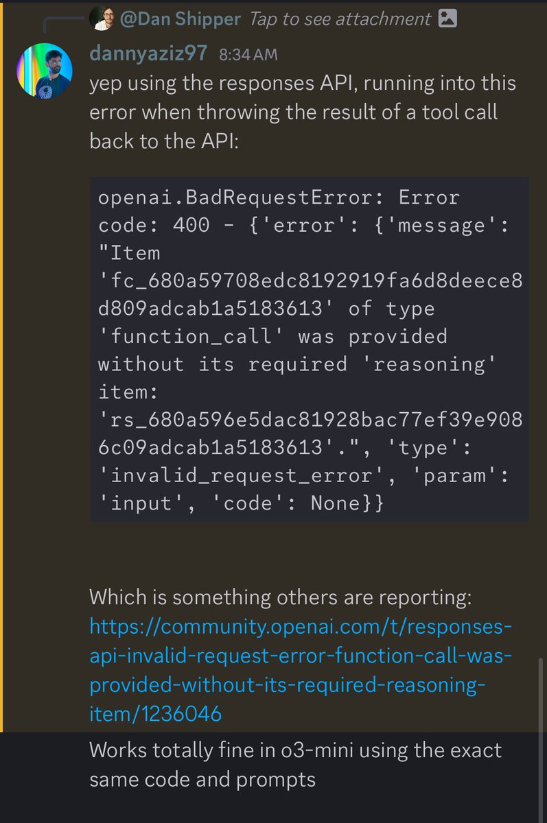Dan Shipper π§ (@danshipper) on Twitter photo weβre trying to build o3 into some of our apps <a href="/every/">Every π§</a> and consistently finding that function calling errors in the API
anybody know how to fix? weβre trying to build o3 into some of our apps <a href="/every/">Every π§</a> and consistently finding that function calling errors in the API
anybody know how to fix?